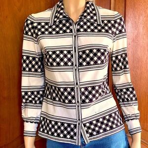 70’s Top Vintage Polyester Button Up Shirt Geo Print Blouse Size S